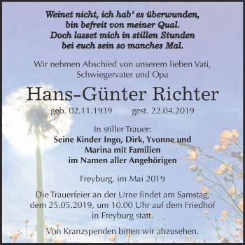 Traueranzeige von Hans-Günter Richter von WVG - Wochenspiegel NMB / WSF / ZTZ