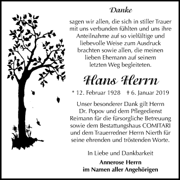 Traueranzeige von Hans Herrn von Mitteldeutsche Zeitung Weißenfels