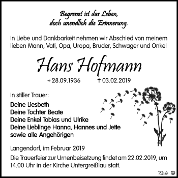 Traueranzeige von Hans Hofmann von Mitteldeutsche Zeitung Weißenfels
