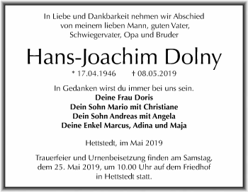 Traueranzeige von Hans-Joachim Dolny von Super Sonntag SGH Mansf. Land