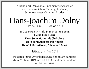 Traueranzeige von Hans-Joachim Dolny von Mitteldeutsche Zeitung Mansfelder Land