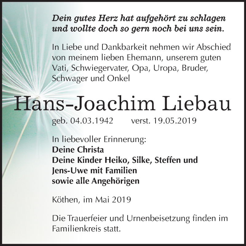  Traueranzeige für Hans-Joachim Liebau vom 22.05.2019 aus Mitteldeutsche Zeitung Köthen