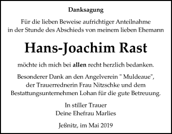 Traueranzeige von Hans-Joachim Rast von Mitteldeutsche Zeitung Bitterfeld