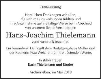 Traueranzeige von Hans-Joachim Thielemann von Super Sonntag Aschersleben