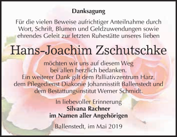 Traueranzeige von Hans-Joachim Zschutschke von WVG - Wochenspiegel Quedlinburg