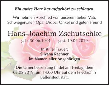 Traueranzeige von Hans-Joachim Zschutschke von Mitteldeutsche Zeitung Quedlinburg