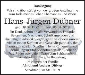 Traueranzeige von Hans-Jürgen Dübner von Mitteldeutsche Zeitung