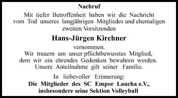 Traueranzeige von Hans-Jürgen Kirchner von Mitteldeutsche Zeitung