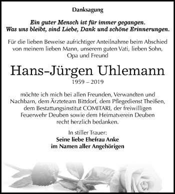Traueranzeige von Hans-Jürgen Uhlemann von Mitteldeutsche Zeitung Weißenfels