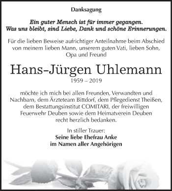 Traueranzeige von Hans-Jürgen Uhlemann von WVG - Wochenspiegel NMB / WSF / ZTZ