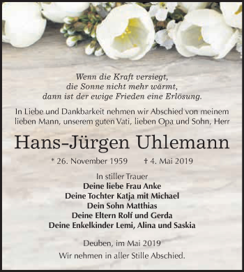 Traueranzeige von Hans-Jürgen Uhlemann von WVG - Wochenspiegel NMB / WSF / ZTZ