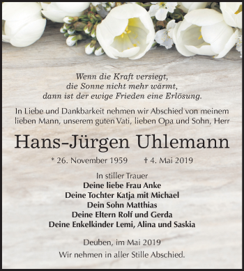 Traueranzeige von Hans-Jürgen Uhlemann von Mitteldeutsche Zeitung Weißenfels