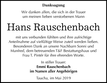 Traueranzeige von Hans Rauschenbach von Mitteldeutsche Zeitung Weißenfels