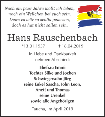 Traueranzeige von Hans Rauschenbach von WVG - Wochenspiegel NMB / WSF / ZTZ