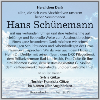 Traueranzeige von Hans Schünemann von Mitteldeutsche Zeitung Merseburg/Querfurt