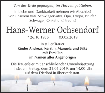Traueranzeige von Hans-Werner Ochsendorf von Super Sonntag Bernburg