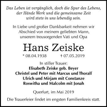 Traueranzeige von Hans Zeiske von WVG - Wochenspiegel Merseburg