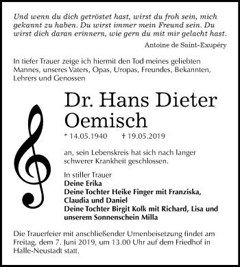 Traueranzeige von Hans Dieter Oemisch von Mitteldeutsche Zeitung