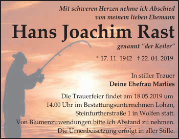 Traueranzeige von Hans Joachim Rast von WVG - Wochenspiegel Bitterfeld