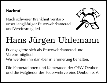 Traueranzeige von Hans Jürgen Uhlemann von Mitteldeutsche Zeitung