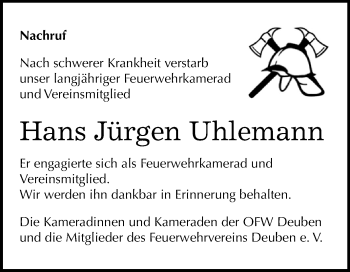 Traueranzeige von Hans Jürgen Uhlemann von WVG - Wochenspiegel NMB / WSF / ZTZ