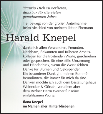 Traueranzeige von Harald Knepel von Mitteldeutsche Zeitung