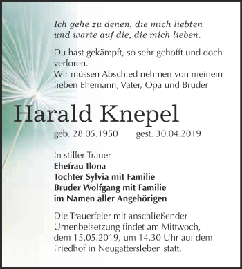 Traueranzeige von Harald Knepel von Super Sonntag Bernburg