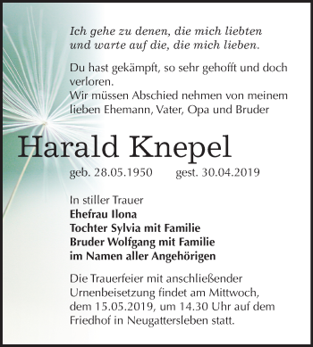 Traueranzeige von Harald Knepel von Mitteldeutsche Zeitung Bernburg