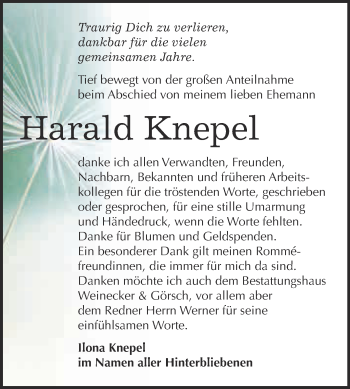 Traueranzeige von Harald Knepel von Super Sonntag Bernburg