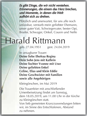 Traueranzeige von Harald Rittmann von Super Sonntag Merseburg
