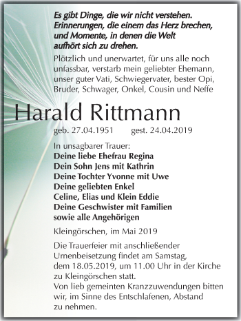 Traueranzeige von Harald Rittmann von Mitteldeutsche Zeitung Weißenfels