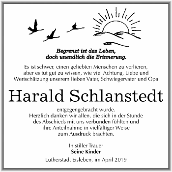 Traueranzeige von Harald Schlanstedt von Wochenspiegel Mansfelder Land