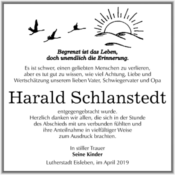 Traueranzeige von Harald Schlanstedt von Mitteldeutsche Zeitung Mansfelder Land