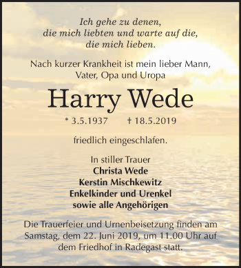 Traueranzeige von Harry Wede von WVG - Wochenspiegel Dessau / Köthen