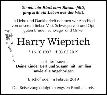 Traueranzeige von Harry Wieprich von Mitteldeutsche Zeitung Aschersleben