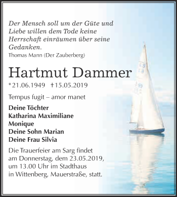 Traueranzeige von Hartmut Dammer von WVG - Wochenspiegel Wittenberg