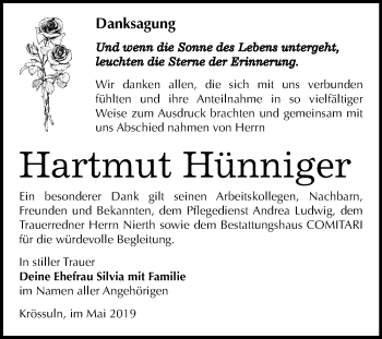 Traueranzeige von Hartmut Hünniger von Mitteldeutsche Zeitung Weißenfels