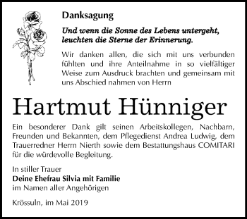 Traueranzeige von Hartmut Hünniger von WVG - Wochenspiegel NMB / WSF / ZTZ