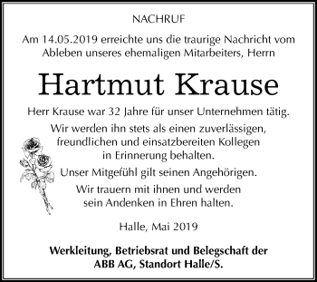 Traueranzeige von Hartmut Krause von Mitteldeutsche Zeitung