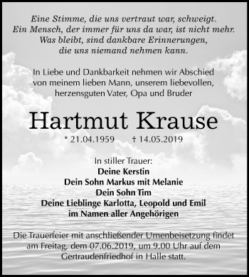 Traueranzeige von Hartmut Krause von Mitteldeutsche Zeitung