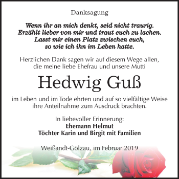 Traueranzeige von Hedwig Guß von Mitteldeutsche Zeitung Köthen