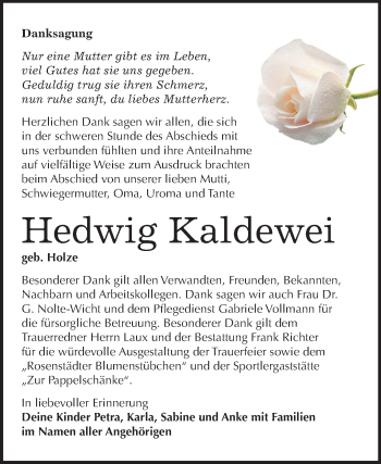 Traueranzeige von Hedwig Kaldewei von Mitteldeutsche Zeitung Sangerhausen