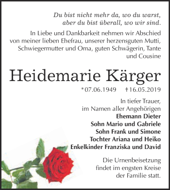 Traueranzeige von Heidemarie Kärger von Super Sonntag Bernburg
