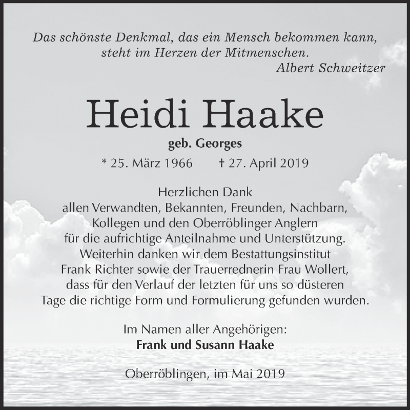  Traueranzeige für Heidi Haake vom 25.05.2019 aus Super Sonntag SGH Mansf. Land