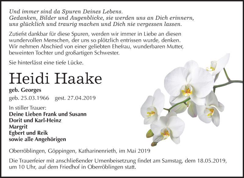  Traueranzeige für Heidi Haake vom 11.05.2019 aus Mitteldeutsche Zeitung