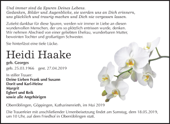 Traueranzeige von Heidi Haake von Mitteldeutsche Zeitung