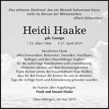 Traueranzeige von Heidi Haake von Mitteldeutsche Zeitung