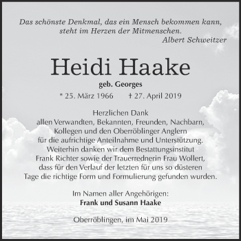 Traueranzeige von Heidi Haake von Super Sonntag SGH Mansf. Land