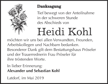 Traueranzeige von Heidi Kohl von Super Sonntag Bernburg