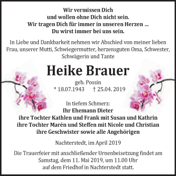 Traueranzeige von Heike Brauer von Super Sonntag Aschersleben